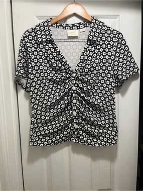 Anthropologie Maeve Ruched Blouse Black White Floral Button Front Top XL
